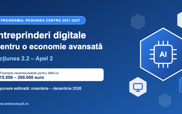 Digitalizare IMM Regiunea Centru – Acțiunea 2.2 Întreprinderi digitale pentru o economie avansată, Apel 2