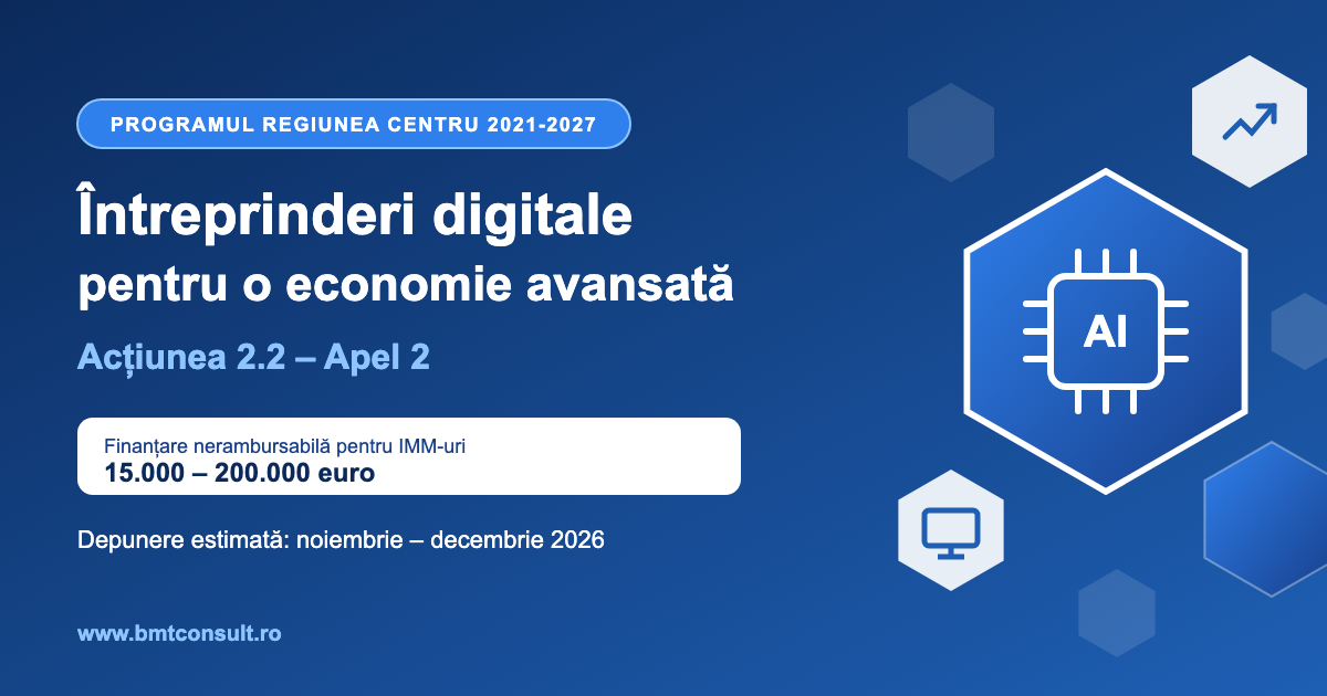 Digitalizare IMM Regiunea Centru – Acțiunea 2.2 Întreprinderi digitale pentru o economie avansată, Apel 2
